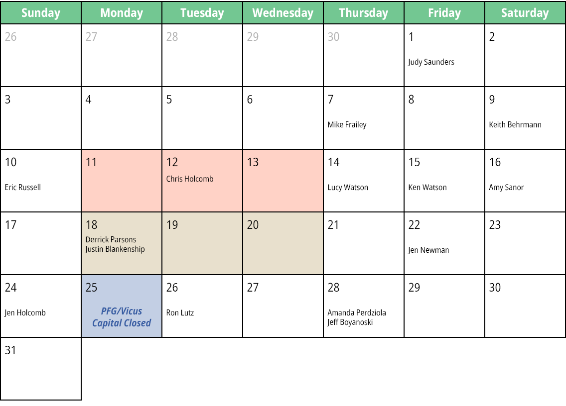 Sunday,Monday,Tuesday,Wednesday,Thursday,Friday,Saturday,26,27,28,29,30,1 Judy Saunders,2,3,4,5,6,7 Mike Frailey,8,9 ...