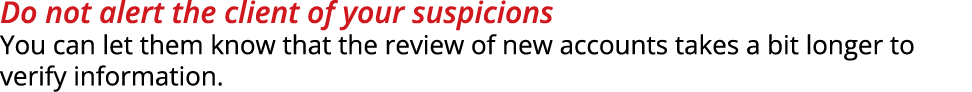 Do not alert the client of your suspicions You can let them know that the review of new accounts takes a bit longer t...