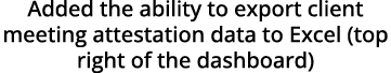 Added the ability to export client meeting attestation data to Excel (top right of the dashboard)