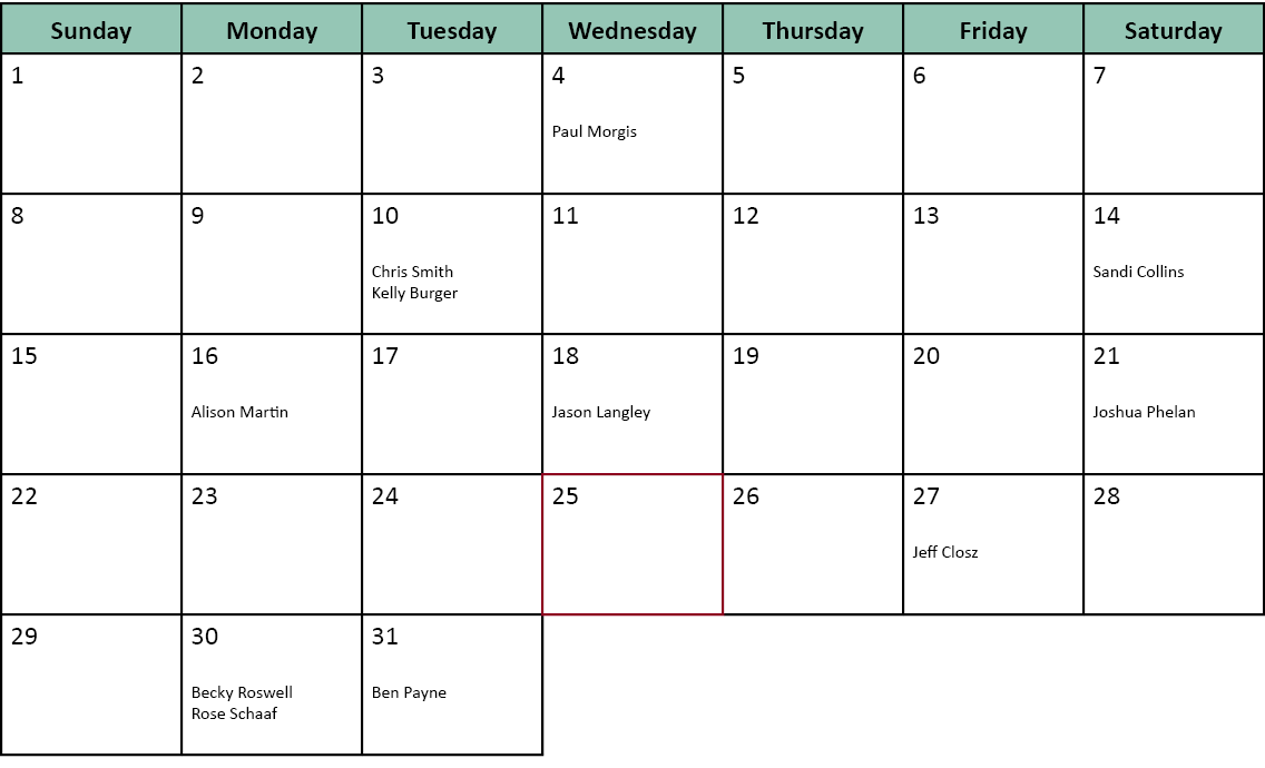 Sunday,Monday,Tuesday,Wednesday,Thursday,Friday,Saturday,1 ,2 ,3 ,4 Paul Morgis,5,6 ,7 ,8,9 ,10 Chris Smith Kelly Bur...