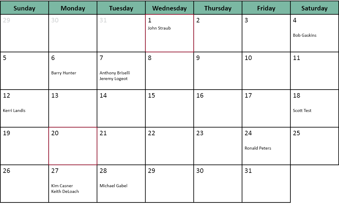 Sunday,Monday,Tuesday,Wednesday,Thursday,Friday,Saturday,29 ,30 ,31 ,1 John Straub ,2 ,3,4 Bob Gaskins,5,6 Barry Hunt...