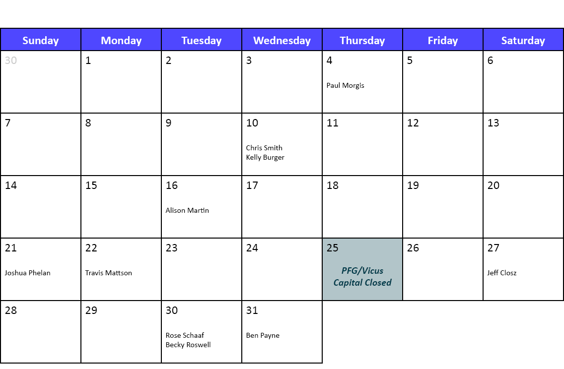 Sunday,Monday,Tuesday,Wednesday,Thursday,Friday,Saturday,30,1 ,2,3,4 Paul Morgis,5,6,7,8,9,10 Chris Smith Kelly Burge...