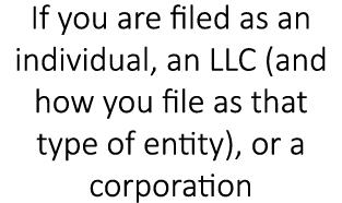 If you are filed as an individual, an LLC (and how you file as that type of entity), or a corporation