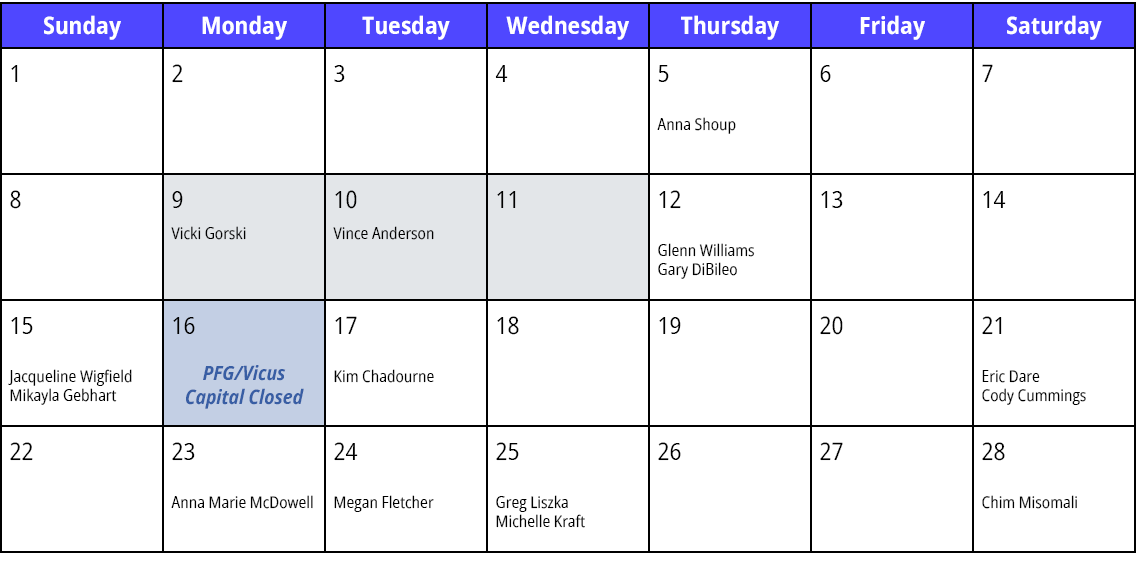 Sunday,Monday,Tuesday,Wednesday,Thursday,Friday,Saturday,1,2,3,4,5 Anna Shoup,6,7,8,9 Vicki Gorski,10 Vince Anderson,...