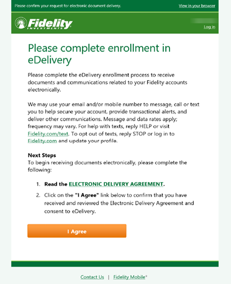 A page from Fidelity.com with a message about completing an enrollment in e-delivery. AI generated content