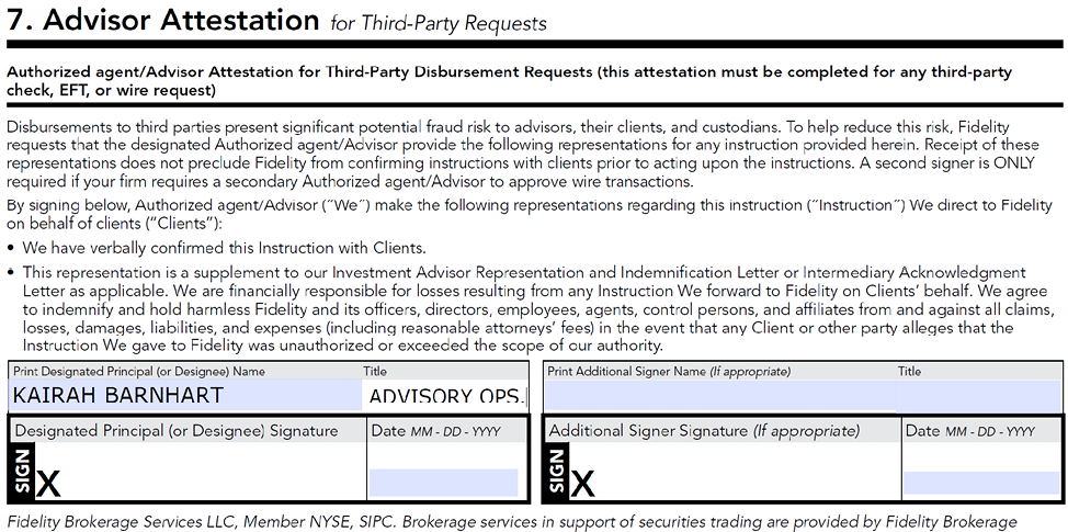 A document with a section titled “Advisory Attestation for Third Party Disbursement Requests" is displayed. AI generated content