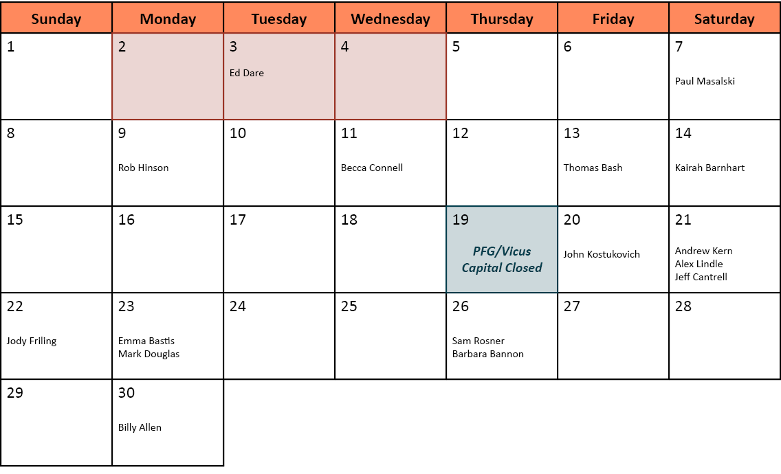 Sunday,Monday,Tuesday,Wednesday,Thursday,Friday,Saturday,1,2,3 Ed Dare,4,5,6,7 Paul Masalski,8,9 Rob Hinson,10,11 Bec...