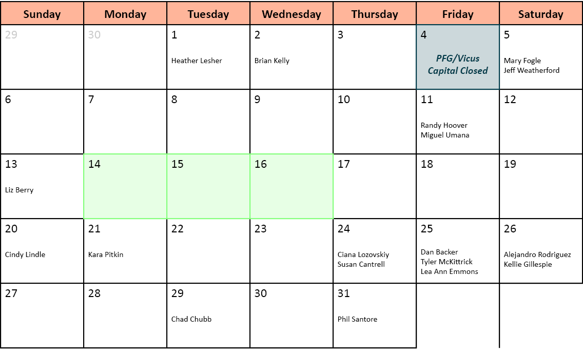 Sunday,Monday,Tuesday,Wednesday,Thursday,Friday,Saturday,29 ,30,1 Heather Lesher,2 Brian Kelly,3,4 PFG/Vicus Capital ...