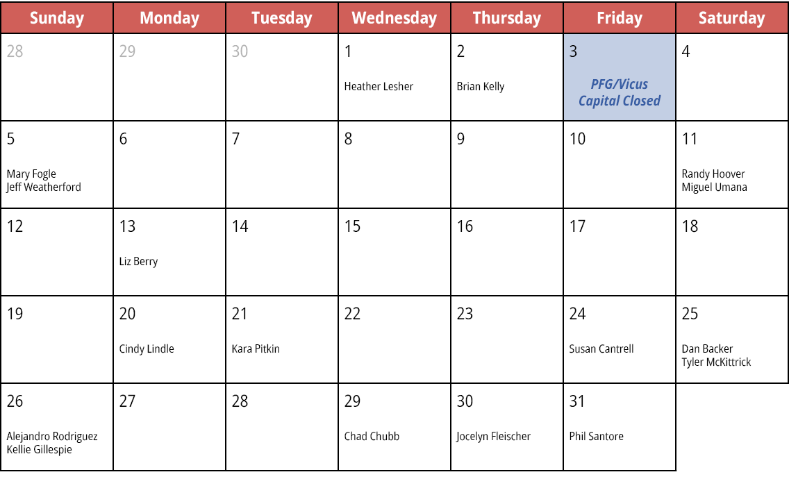 Sunday,Monday,Tuesday,Wednesday,Thursday,Friday,Saturday,28,29,30,1 Heather Lesher,2 Brian Kelly,3 PFG/Vicus Capital ...