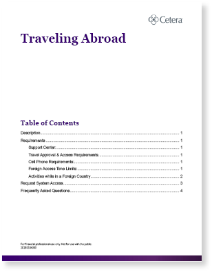 A table of contents for a traveling abroad guide. Description generated by AI