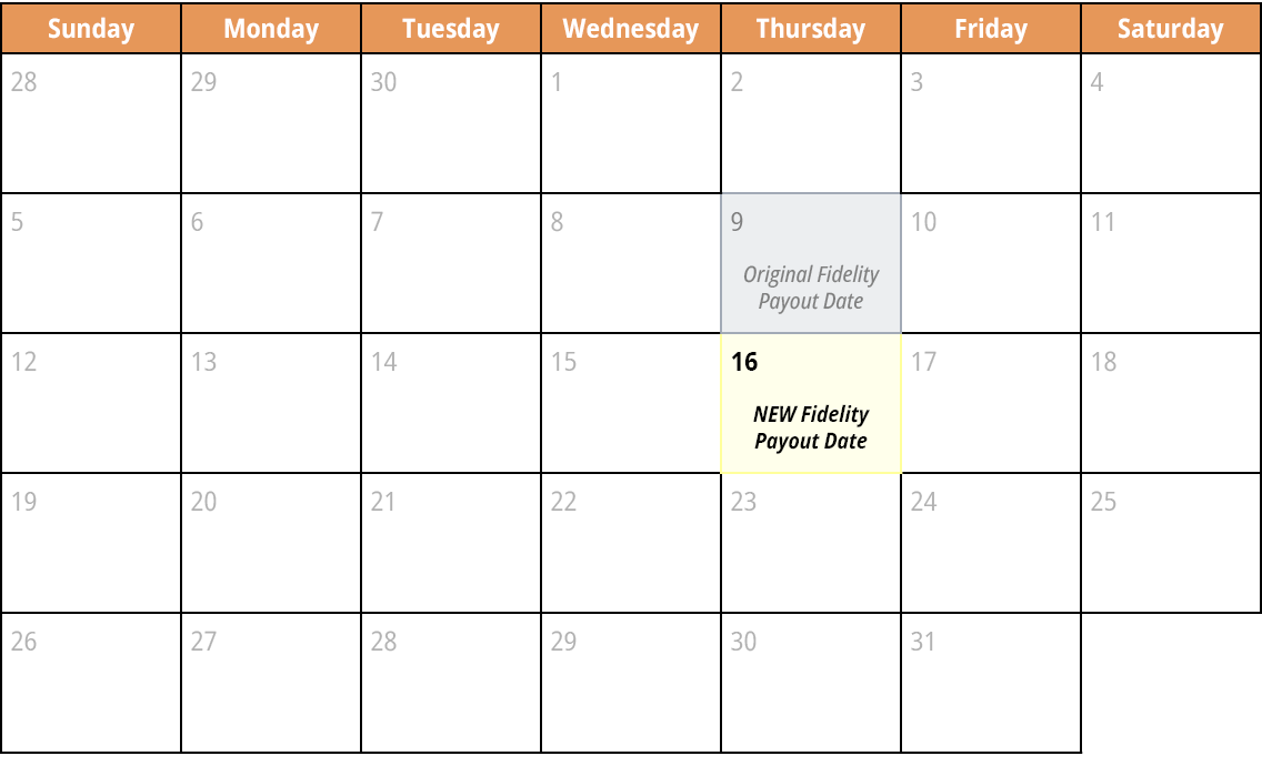 Sunday,Monday,Tuesday,Wednesday,Thursday,Friday,Saturday,28,29,30,1,2,3,4,5,6,7,8,9 Original Fidelity Payout Date,10,...