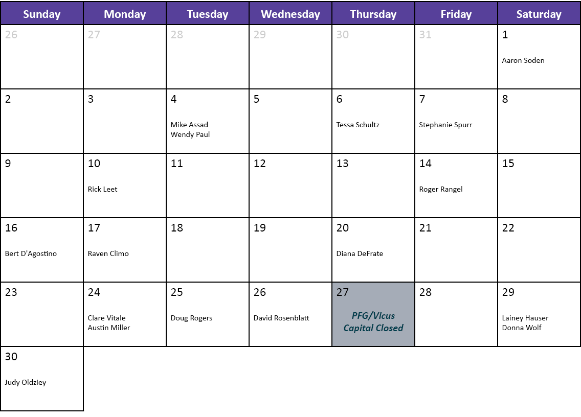 Sunday,Monday,Tuesday,Wednesday,Thursday,Friday,Saturday,26 ,27,28,29,30,31,1 Aaron Soden,2,3,4 Mike Assad Wendy Paul...