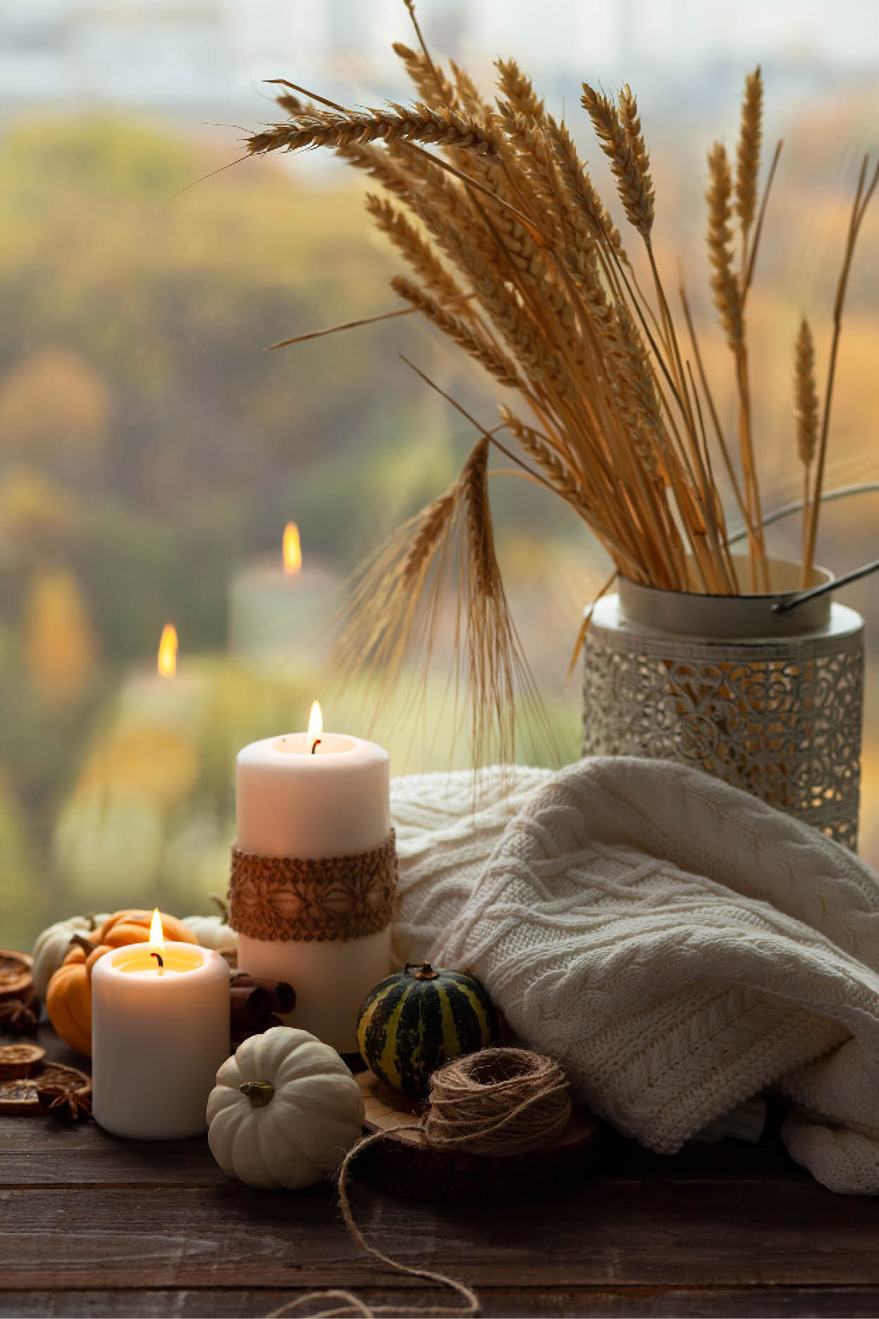 Autumn composition with candles, mini munchkin pumpkins, warm wool knitted plaid on the wooden wind sill. Dark colors, low key. Cozy home atmosphere, Thanksgiving decor, fall colors. Close up